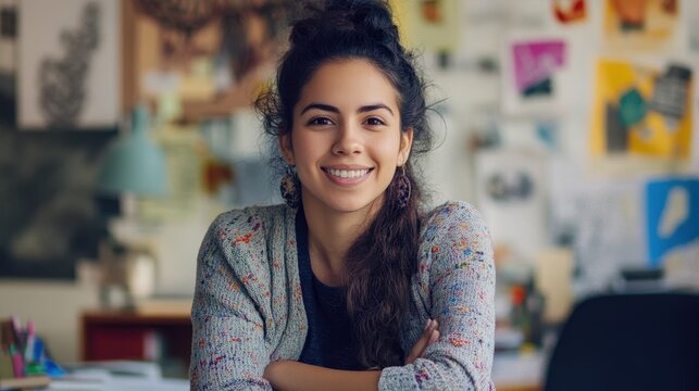 A young Hispanic female graphic designer smiles confidently in her creative workspace, showcasing her artistic flair and vibrant personality in a friendly atmosphere.