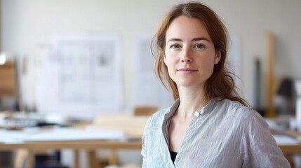 Fototapeta premium A young European female architect stands confidently in her modern workspace, showcasing her creative spirit and professional demeanor amidst an inspiring environment.