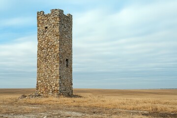 A historic stone tower stands sentinel against the backdrop of a vast, golden field under a serene blue sky, connecting the past with the present landscape.