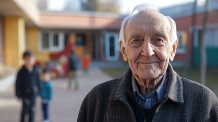 A portrait of an elderly man with a kind smile and gentle features, captured in a serene outdoor setting, reflecting warmth and wisdom.