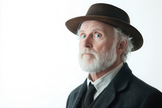 Elderly Caucasian man with a white beard and blue eyes wearing a brown hat and dark suit, gazing thoughtfully against a white background.
