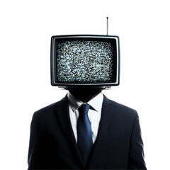 Isolated Business Man with TV Head Displaying Static Glitch