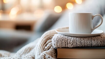Cozy scene with a white mug on a plate resting on soft blankets and stacked books blurred in a warm ambient light : Generative AI