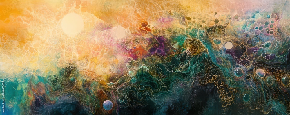 Poster abstract cosmic swirl with colorful patterns and spherical elements