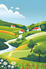 Scenic Landscape with River, Green Hills, and Red-Roofed Houses Under Clear Blue Sky in Minimalist Style