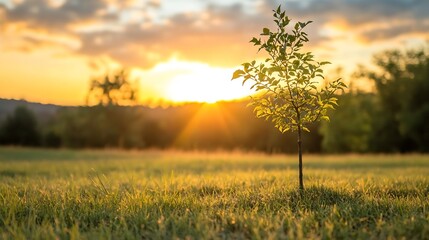 Fototapeta premium Young tree growing in a golden field during sunset providing a warm serene atmosphere : Generative AI