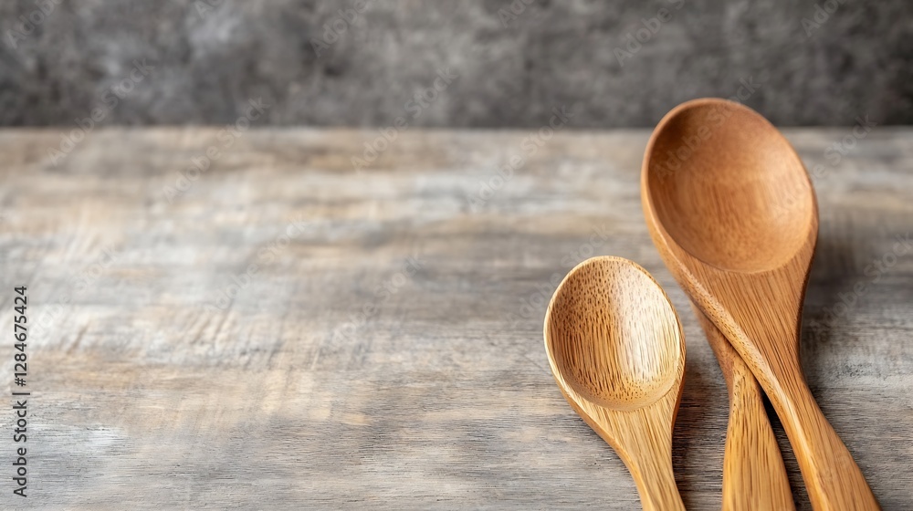 Poster set of three wooden kitchen spoons displayed on a textured surface showcasing natural craftsmanship 
