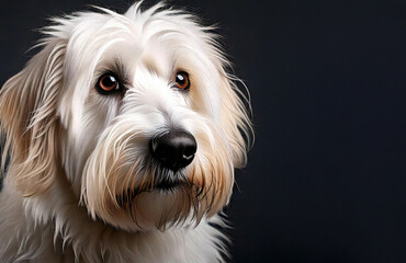 A close-up portrait of a serious-looking white mixed-breed dog, resembling a Bolognese, with soft, hanging fur on its face. The dog gazes intently, with a calm and focused expression. Free space 