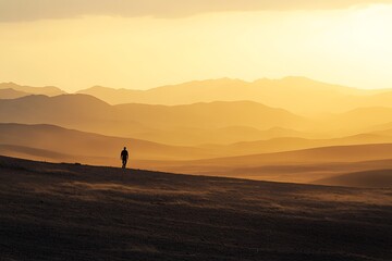 Solitary figure walking across vast, sunlit desert landscape at sunset.