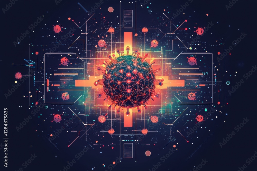 Poster digital visualization of a virus cell with connected nodes and lines, set against a dark background 