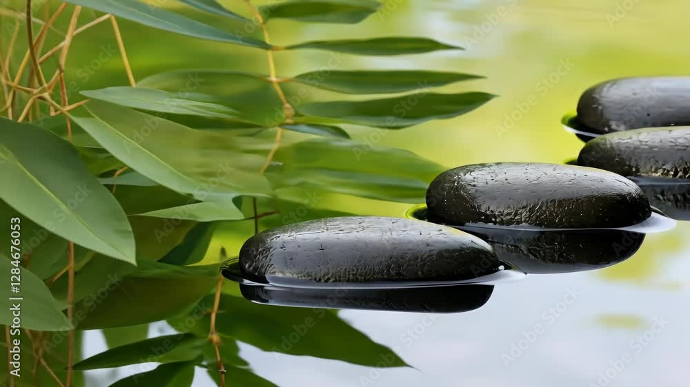 Poster serenity of smooth stones resting on a calm water surface surrounded by lush greenery in a tranquil 