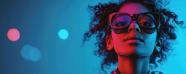 Obraz premium Confident young woman with glasses in colorful lighting, highlighting vibrant and modern style