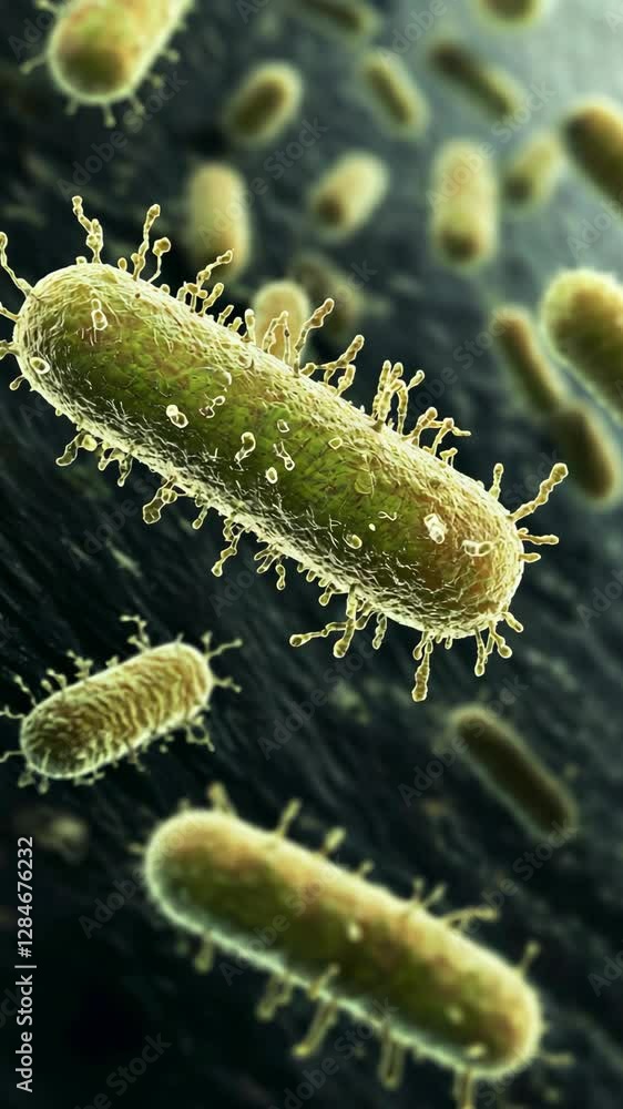 Poster detailed view of bacteria highlighting structure and microbial activity in a microscopic environment
