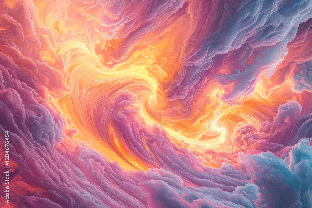 Poster abstract fiery cloudscape with swirling vortex of orange and pink, creating a dreamy and surreal atm