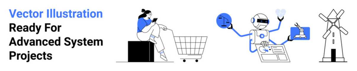 Woman browsing on a smartphone near a shopping cart, robot multitasking with tech devices and innovation symbols, windmill representing sustainable energy. Ideal for e-commerce, AI, green energy
