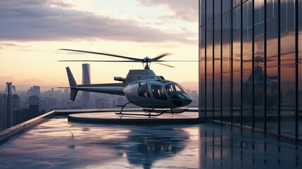 A silver helicopter is parked on a rooftop in a city