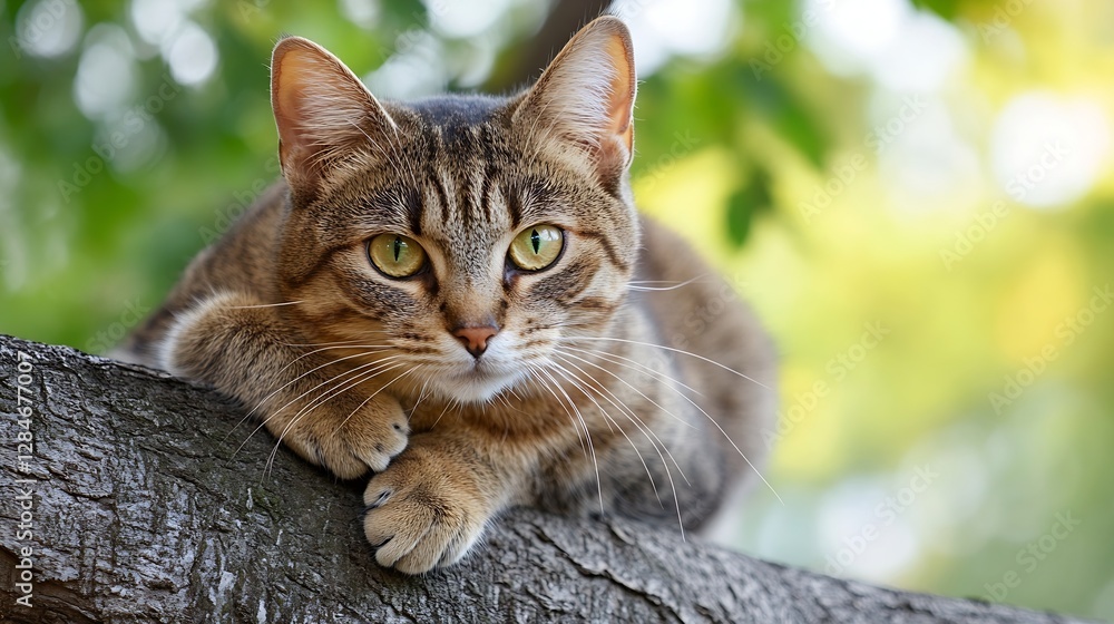 Poster Charming tabby cat resting on a tree branch with vibrant green foliage in the background creating a peaceful atmosphere : Generative AI