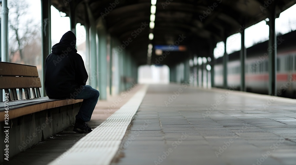 Poster lonely figure sitting on a bench at a train station evoking a sense of waiting and reflection : gene