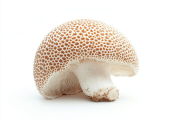 Fototapeta premium Close-up of a textured mushroom cap with intricate patterns on a pristine white background, showcasing its unique and detailed surface structure.