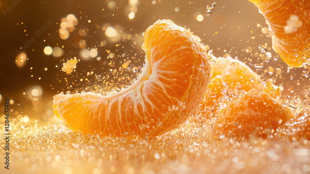 Poster a close up of an orange with a slice missing