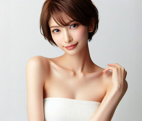 白いチューブトップの美女