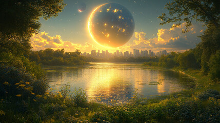 A futuristic city with towering buildings, a large planet in the sky, surrounded by water in broad daylight. The blue sky and bright sun symbolize progress, innovation, and harmony with nature