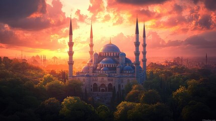 Obraz premium Stunning Sunset Over Historic Mosque Surrounded By Lush Trees and Vibrant Skies in a City Landscape