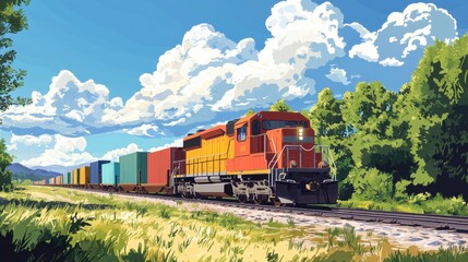 Obraz premium A train is traveling down a track with a lush green forest in the background