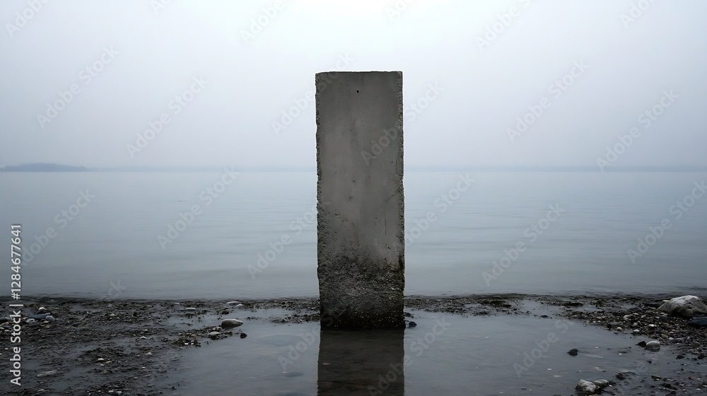 Aufkleber Minimalist Concrete Column Standing Alone by the Water's Edge on a Hazy Day : Generative AI