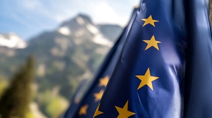 European Union Flag Blowing in the Wind Against Scenic Mountain Backdrop : Generative AI
