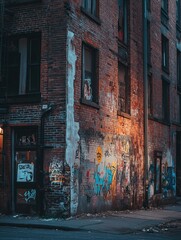 Fototapeta premium Ruined buildings with cracked walls in an urban area showcasing graffiti and potential for storytelling. Generative AI