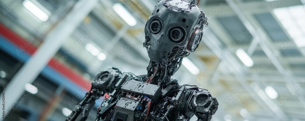 Poster futuristic humanoid robot posing in industrial setting with intricate mechanical details