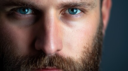 Fototapeta premium A man stands in a neutral-lit environment, showcasing his intense blue eyes and carefully groomed beard. The focus is on his facial features, highlighting the textures and expressions