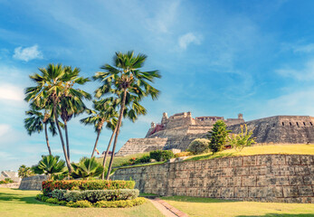 View of the ruins of the San Felipe de Barajas Castle from its surrounding gardens, in Cartagena, Colombia