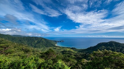 Stunning Coastal View of Lush Green Mountains Merging with the Sparkling Blue Ocean Under a Cloudy Sky : Generative AI