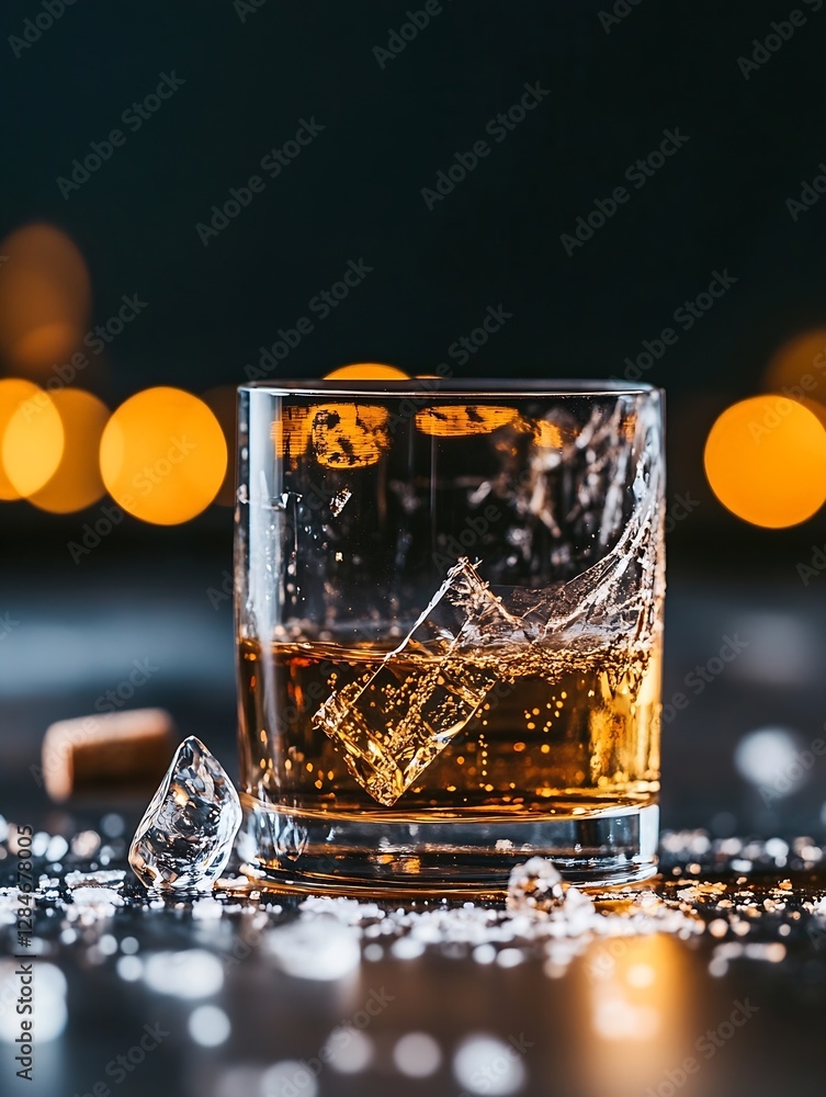 Poster whiskey glass with ice cubes on a dark table surrounded by golden bokeh lights : generative ai