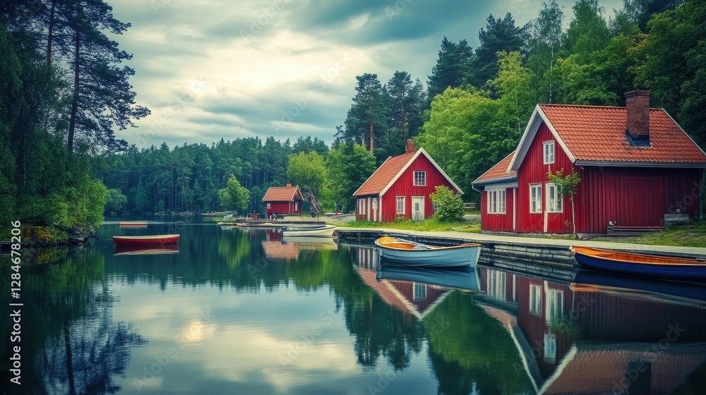 Poster scenic scandinavian village by the lake featuring charming red cottages and serene reflections durin