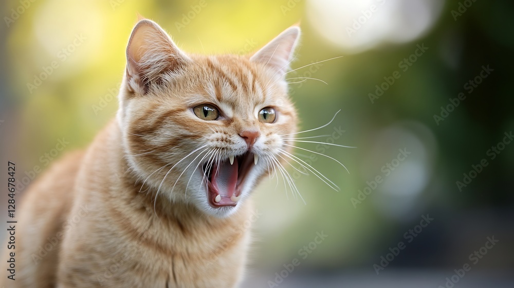 Poster playful orange cat yawning with energy in a soft natural light background of greenery : generative a