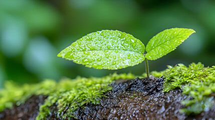Dewy sprout growing on mossy log, lush forest background; nature renewal