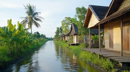 Obraz premium Canal houses, tropical village, sunrise