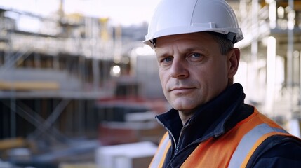 Fototapeta premium Portrait of a middle-aged European male construction worker wearing a helmet and safety vest, displaying professionalism and confidence on a construction site.