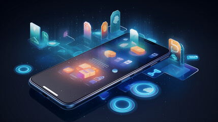 Futuristic Smartphone with Digital Interface and Holographic Apps