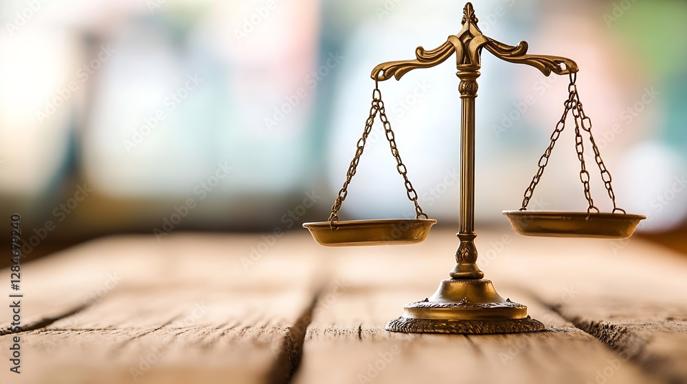 Poster classic bronze balance scales symbolizing justice with a blurred background setting for depth : gene