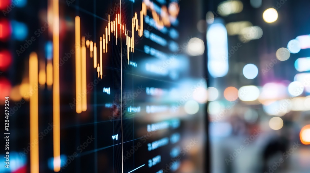Poster Abstract close up of a financial graph with bright lights reflecting in the background depicting market trends : Generative AI