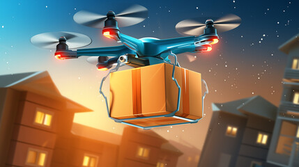 Futuristic Drone Delivery at Night in a Snowy City