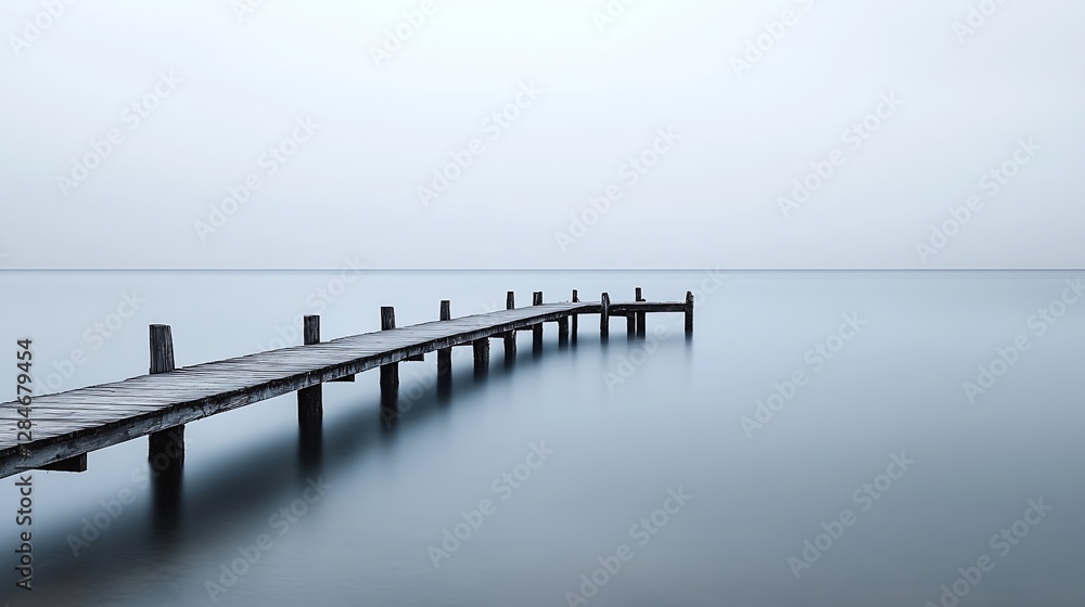 Poster serene wooden pier stretching into calm tranquil waters with a misty overcast sky : generative ai