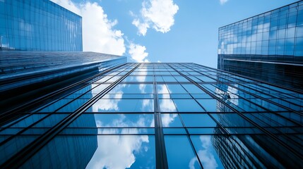 Stunning upward view of modern skyscrapers reflecting beautiful clouds in a vibrant blue sky : Generative AI