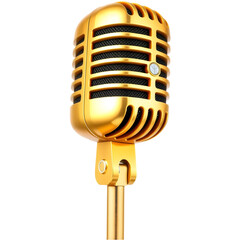 Fototapeta premium A vintage-style golden microphone stands prominently, showcasing its sleek design and intricate grille.