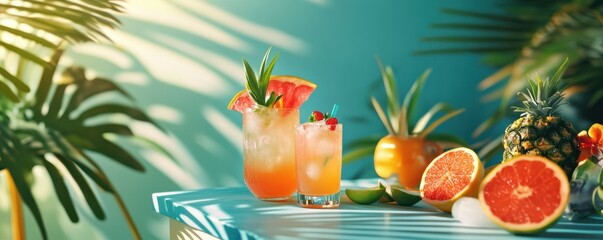 Tropical cocktail arrangement with fruits under sunlit palm shadows