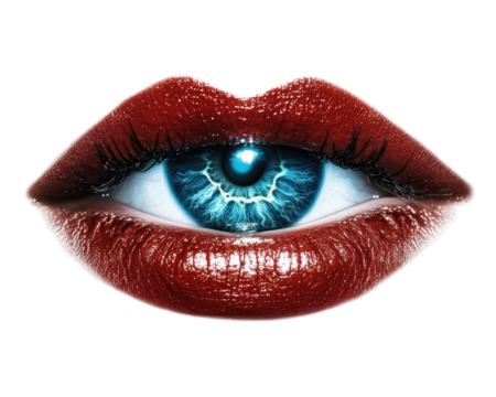 Isolated Intense Gaze: Blue Eye with Red Glossy Lips